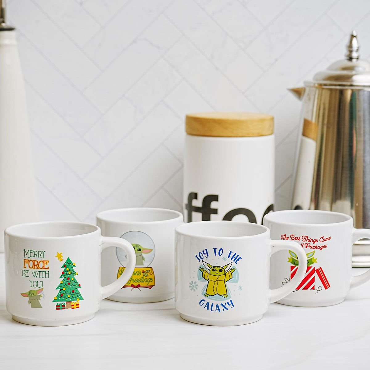 Star Wars Grogu Holiday Cuteness 4-Piece 10oz Stackable Ceramic Mug Set