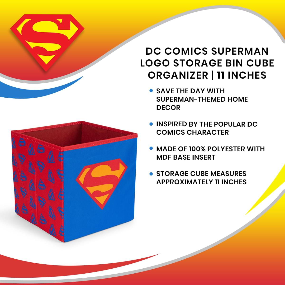 DC Comics Superman Logo Storage Bin Cube Organizer | 11 Inches