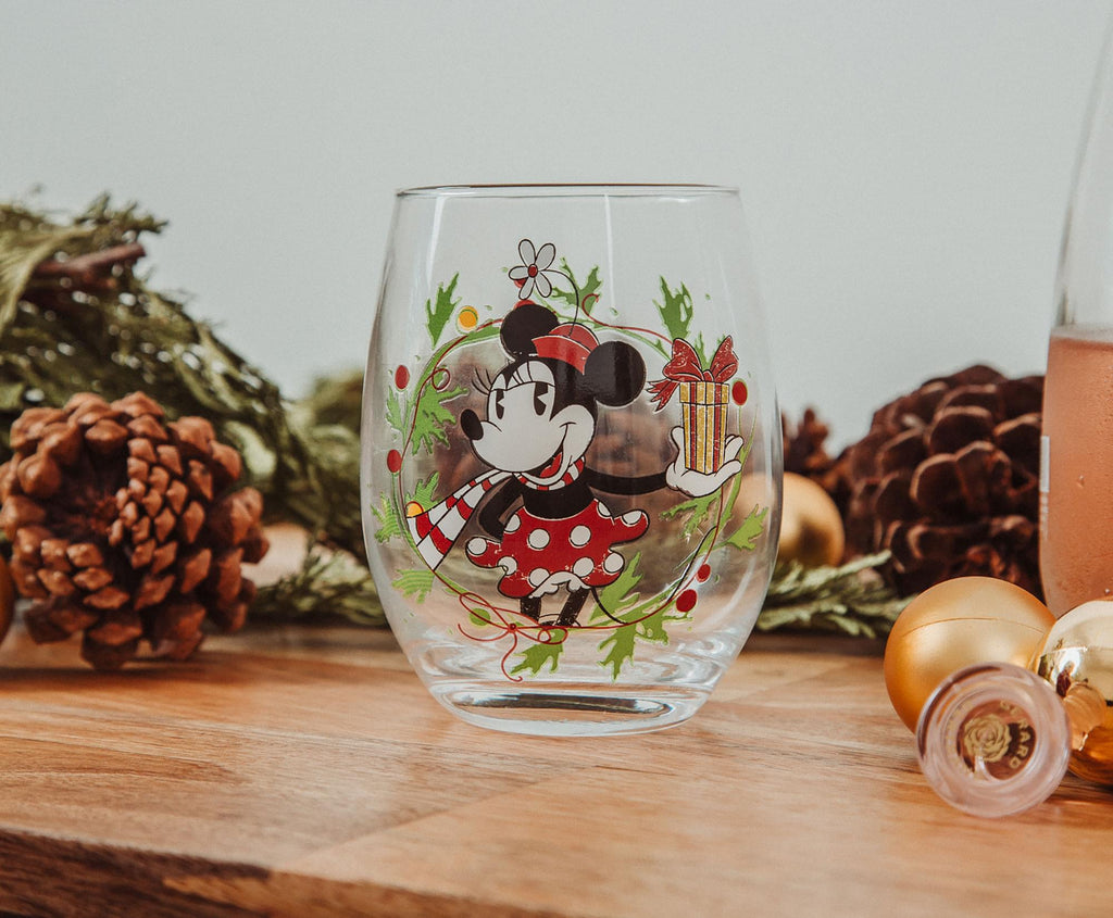 Disney Minnie Mouse Christmas Wreath Stemless Wine Glass | Holds 20 Ounces
