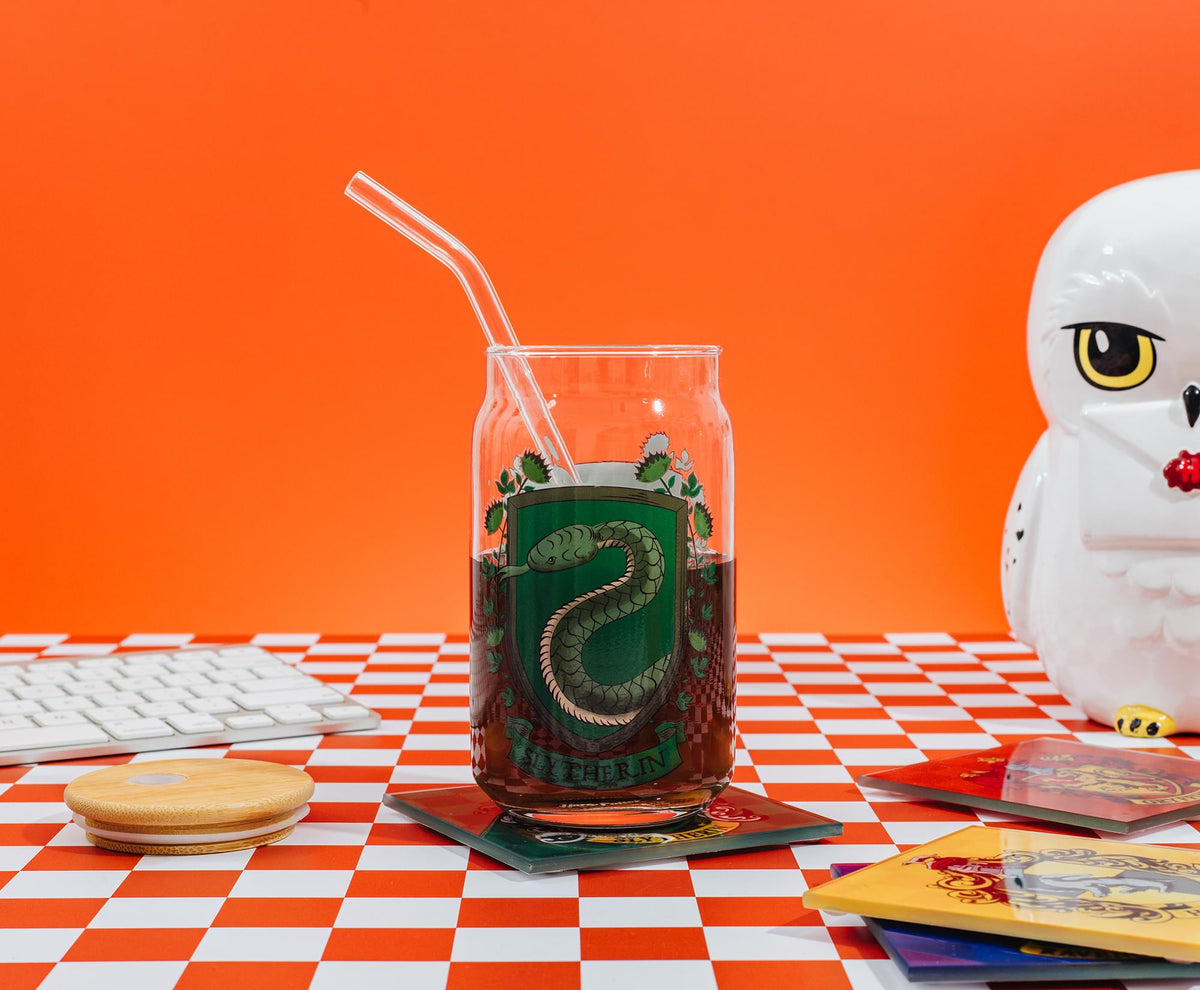 Harry Potter Slytherin House Mascot Glass Tumbler With Bamboo Lid and Straw