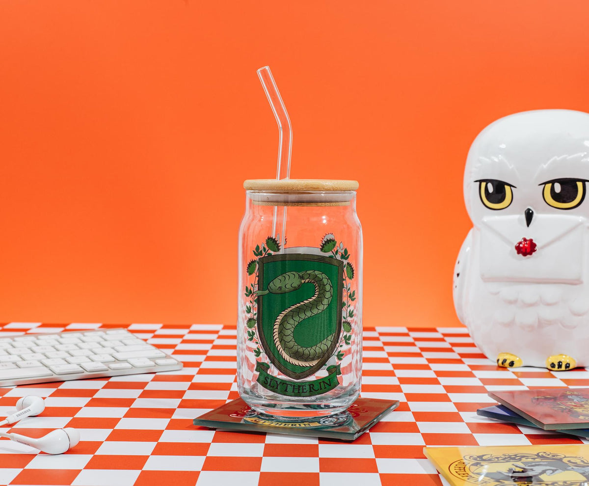 Harry Potter Slytherin House Mascot Glass Tumbler With Bamboo Lid and Straw