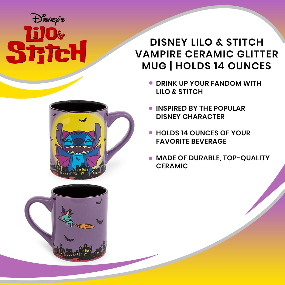 Disney Lilo & Stitch Vampire Ceramic Glitter Mug | Holds 14 Ounces
