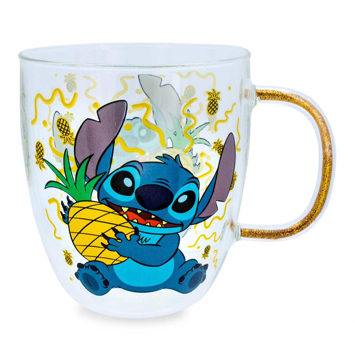 Disney Lilo & Stitch Pineapples Glitter Handle Glass Mug | 14 Ounces