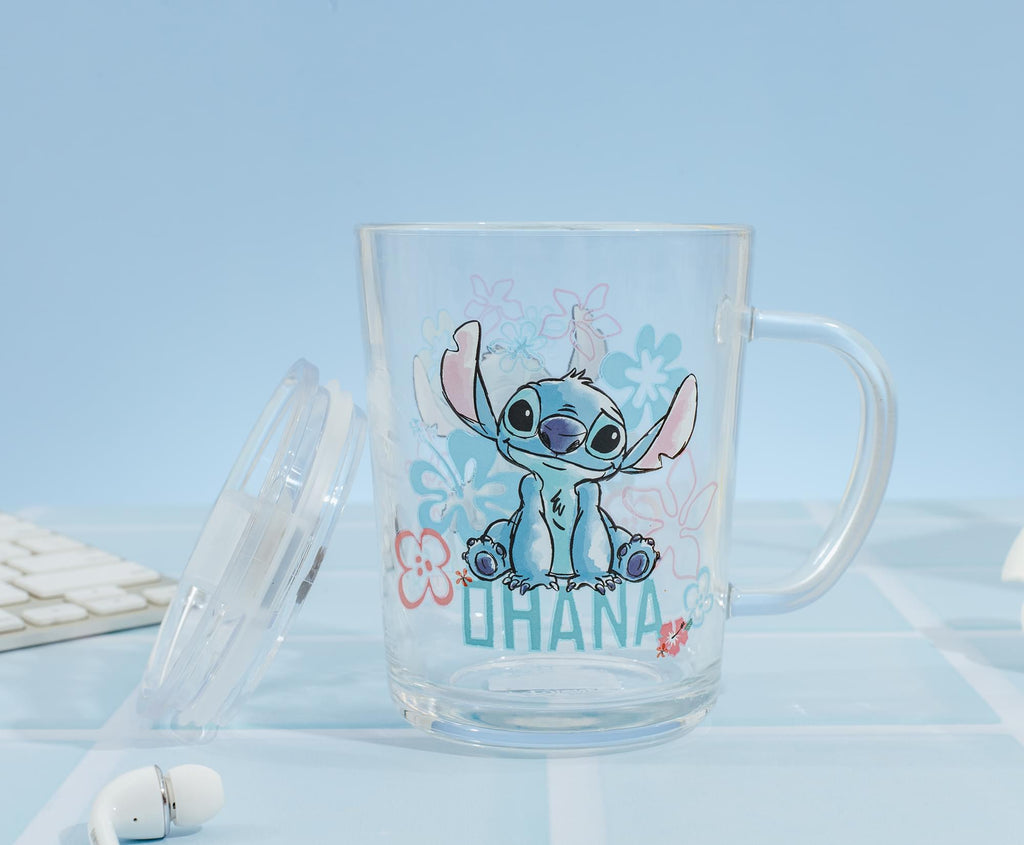 Disney Lilo & Stitch "Ohana" Glass Mug With Lid | Holds 14 Ounces