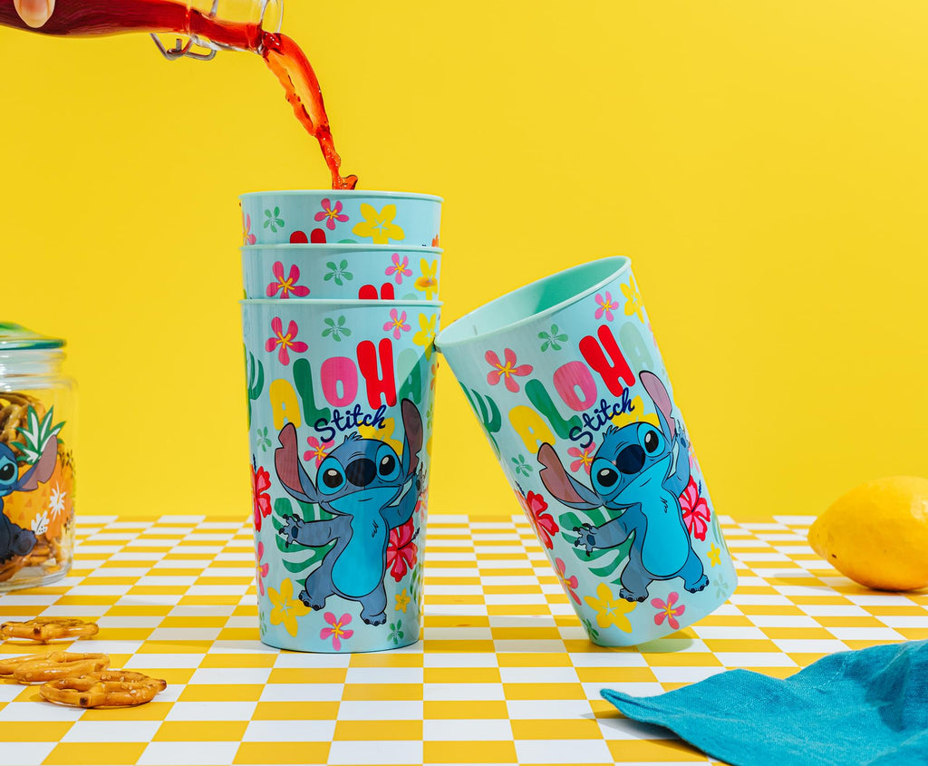 Disney Lilo & Stitch "Aloha" 4-Piece Plastic Cup Set | Each Holds 22 Ounces