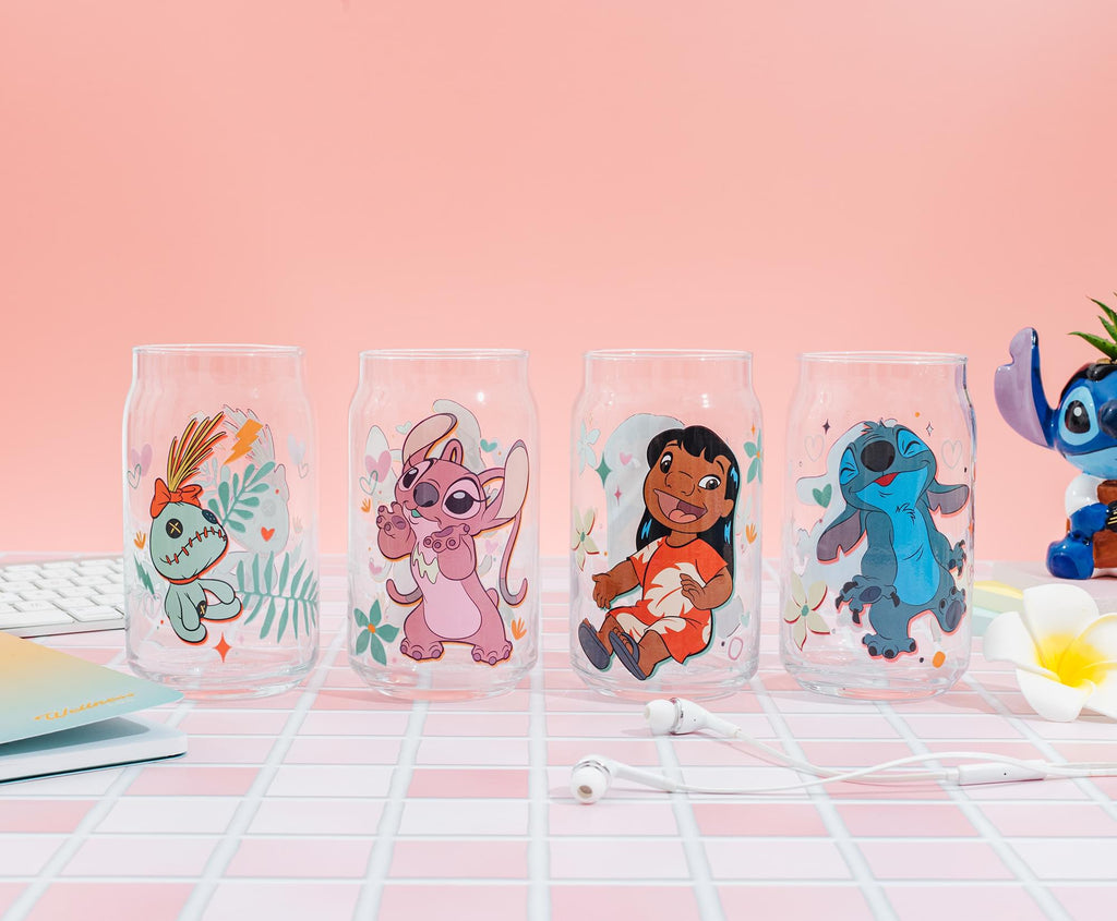 Disney Lilo & Stitch Characters 4-Piece Glass Can Set | Each Holds 16 Ounces