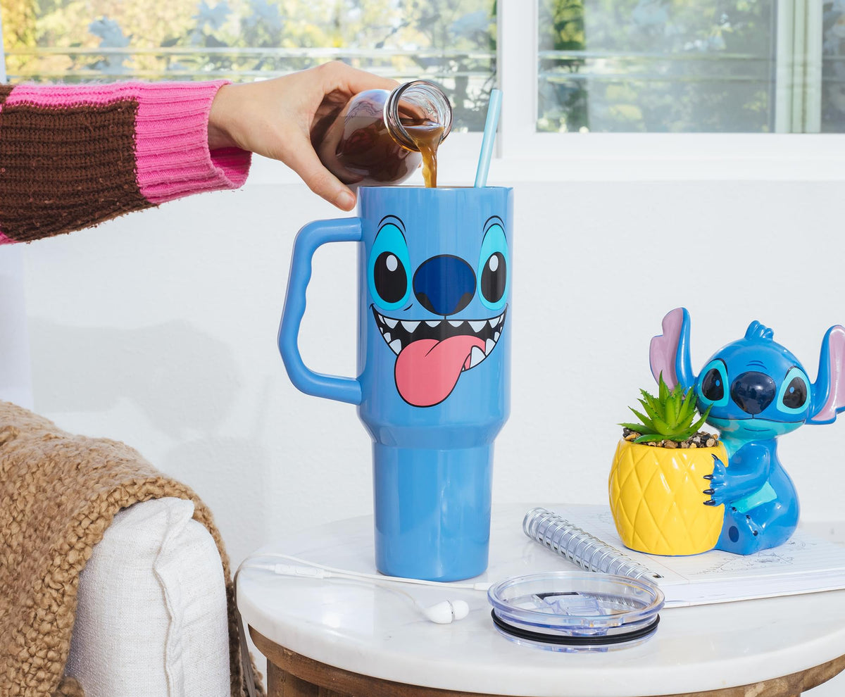 Disney Lilo & Stitch Face Stainless Steel Tumbler With Handle | Holds 40 Ounces