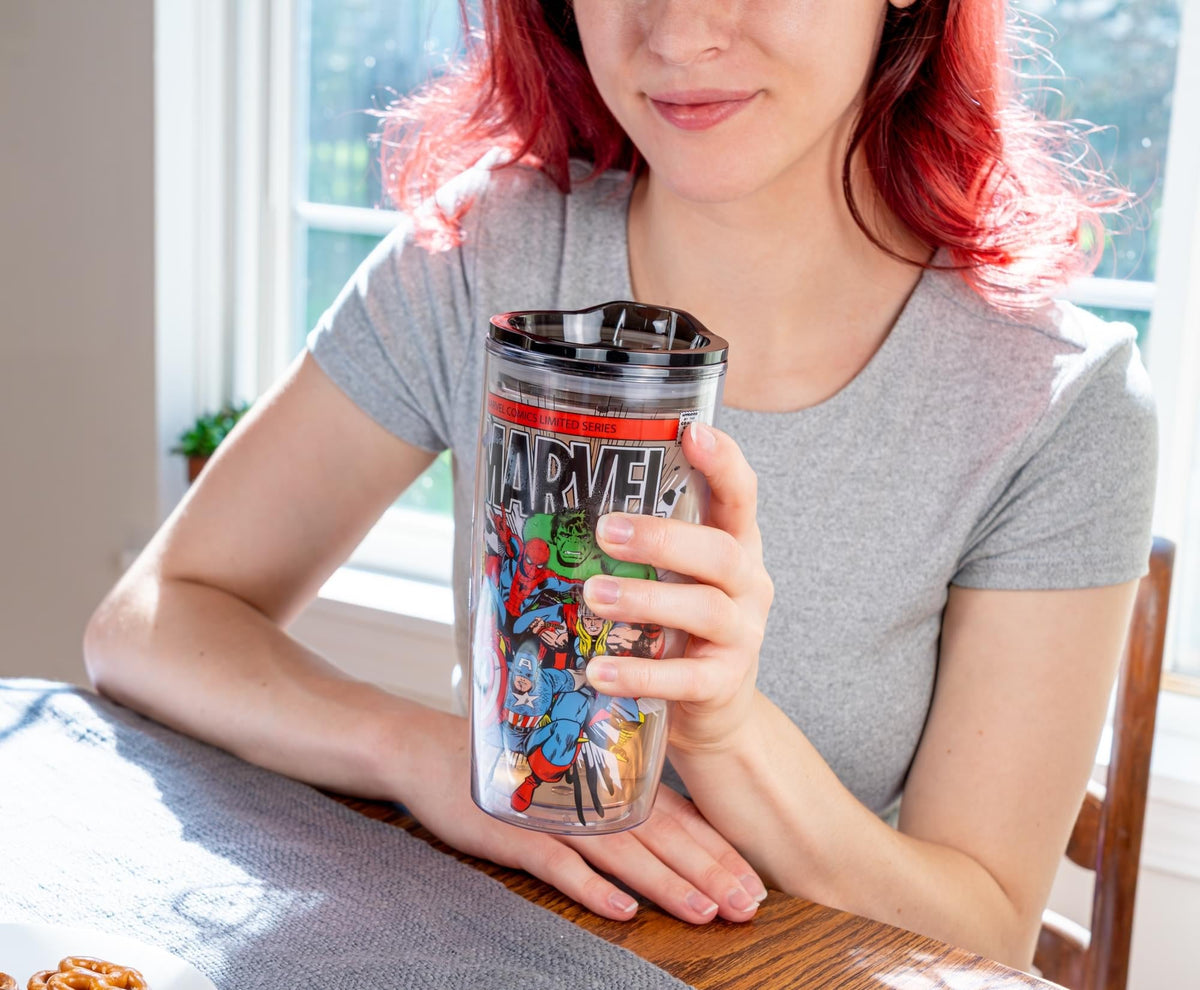 Marvel Comics Retro Plastic Travel Tumbler With Lid | Holds 20 Ounces