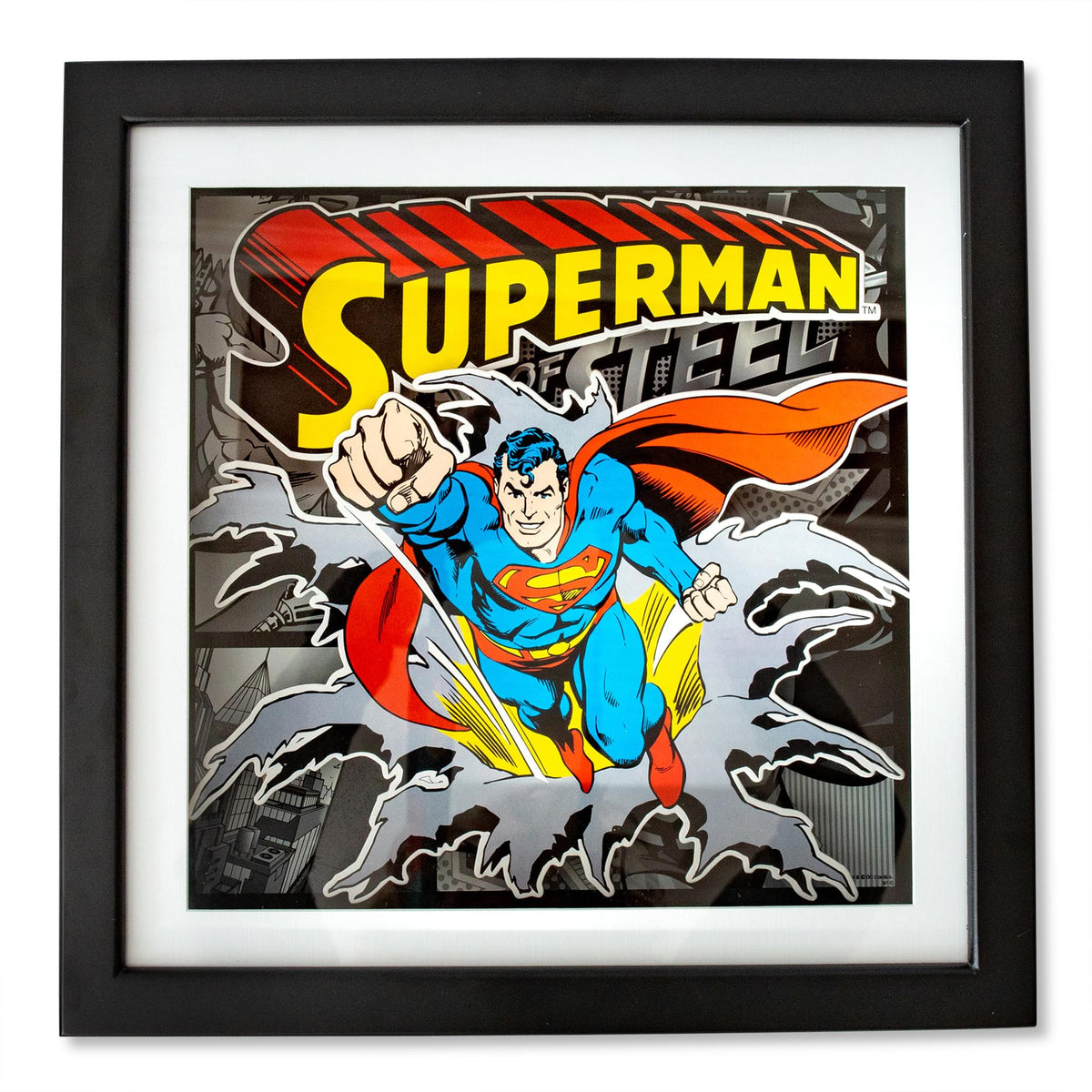 DC Comics Superman "Man of Steel" Wood Frame 3D Shadow Box Wall Art | 15 x 15 Inches