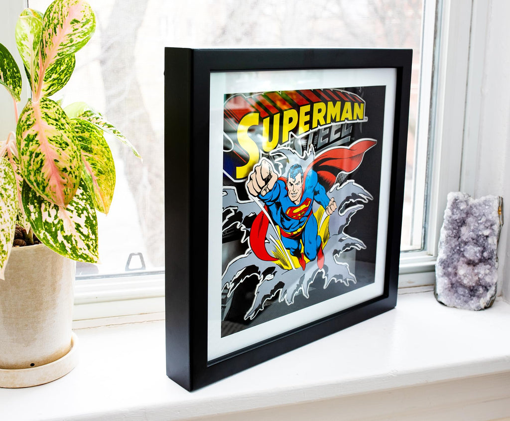 DC Comics Superman "Man of Steel" Wood Frame 3D Shadow Box Wall Art | 15 x 15 Inches