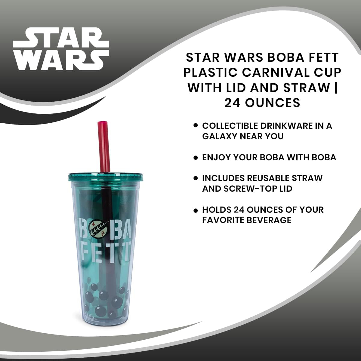 Star Wars Boba Fett Plastic Carnival Cup with Lid and Straw | 24 Ounces