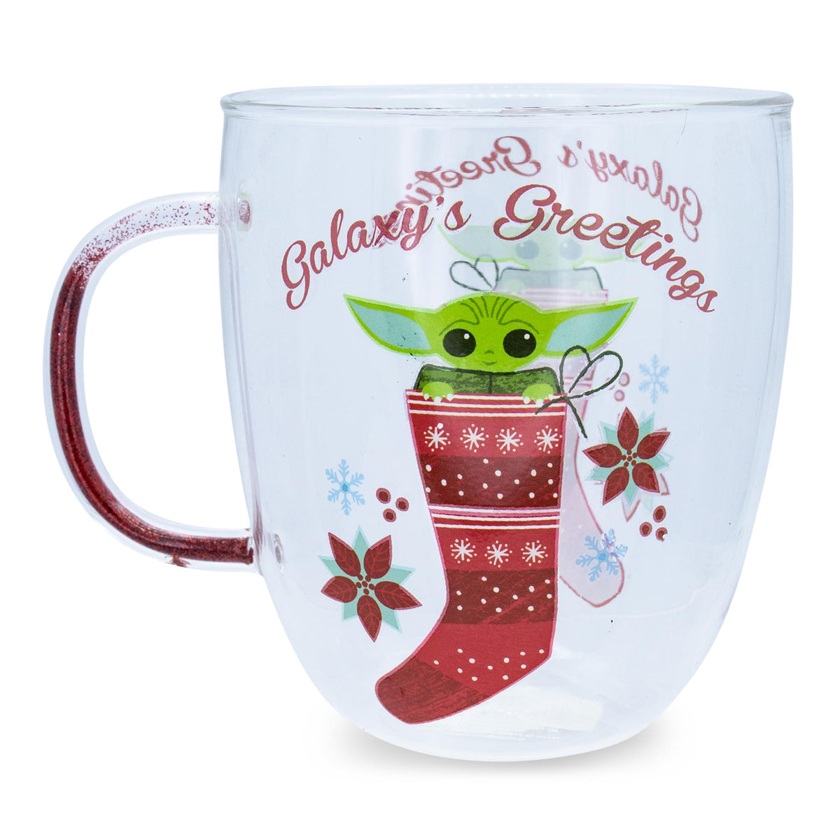 Star Wars: The Mandalorian Grogu Holiday Glitter Handle Glass Mug  | 14 Ounces
