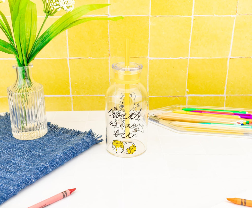 Disney Winnie The Pooh "Sweet As Can Bee" Glass Milk Bottle | Holds 15 Ounces