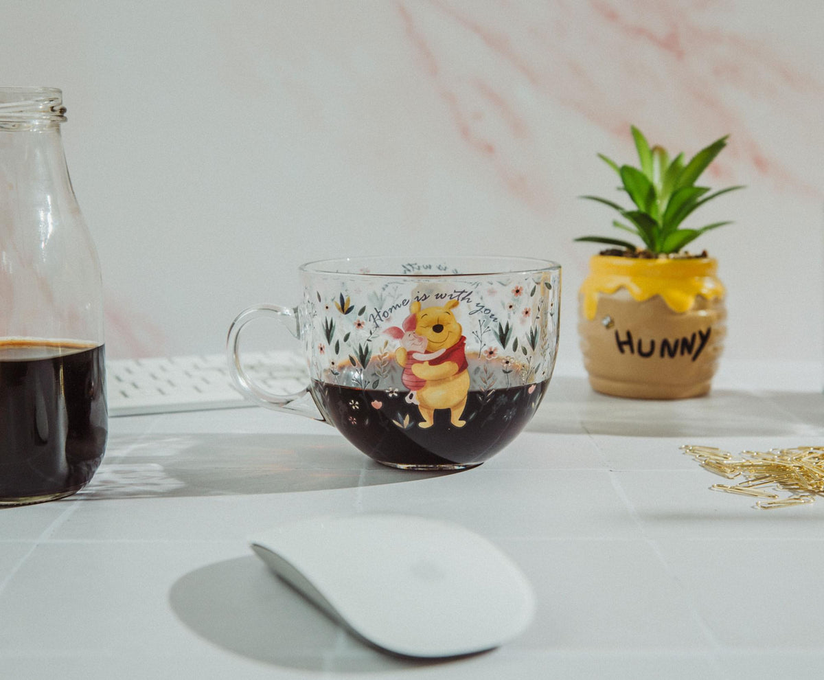 Disney Winnie the Pooh and Piglet Floral Glass Mug | Holds 16 Ounces
