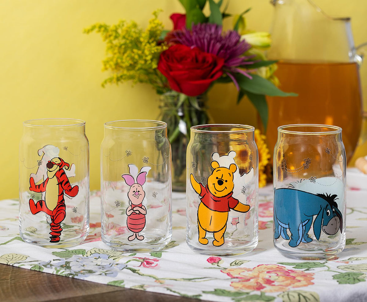 Disney Winnie The Pooh Characters 4-Piece Glass Can Set | Each Holds 16 Ounces