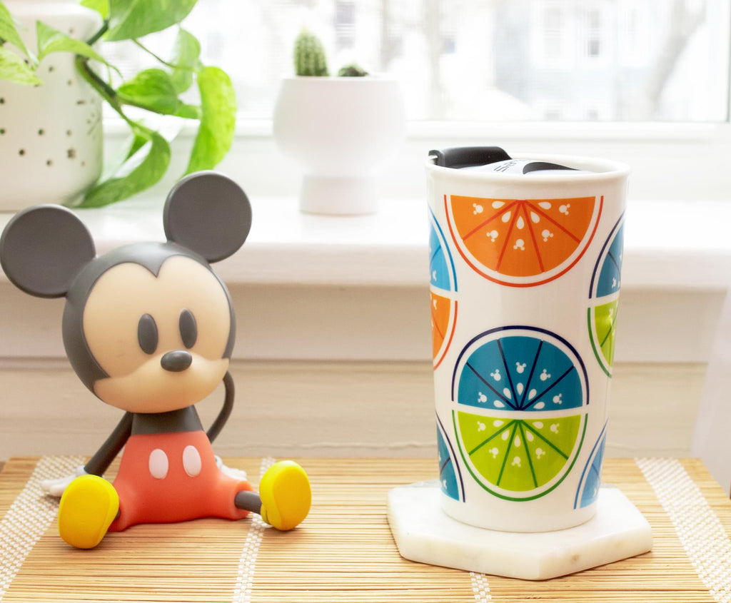 Disney Mickey Mouse Fruit Slices Ceramic Travel Mug With Lid | Holds 10 Ounces